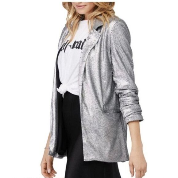 David Lerner Hailey Oversized Blazer Jacket Ruched‎ Sleeves Silver Sequin Size S - Picture 8 of 10